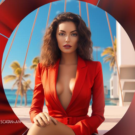 woman in a red pose in front of a miami beach, in the style of webcam photography, beautiful women, candid celebrity shots, soraya saga, alex alemany, webcam