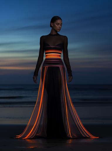 woman in black with rainbow lines posing on the beach, in the style of dark amber and silver, poolcore, delicate gold detailing, neon colors, made of crystals, dark orange and dark gray --ar 93:125