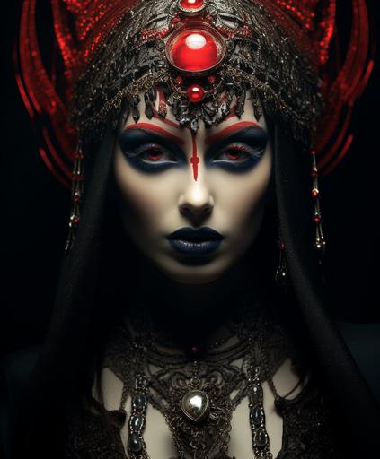 woman in black with red eye makeup and red glam style makeup, in the style of orientalist imagery, epic fantasy scenes, dark silver and indigo, uhd image, ornamental details and embellishments, burned/charred, indian pop culture --ar 107:128