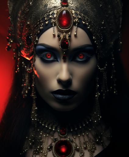 woman in black with red eye makeup and red glam style makeup, in the style of orientalist imagery, epic fantasy scenes, dark silver and indigo, uhd image, ornamental details and embellishments, burned/charred, indian pop culture --ar 107:128