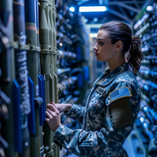 woman in blue digital camo military uniform taking inventory of missiles --v 6.0