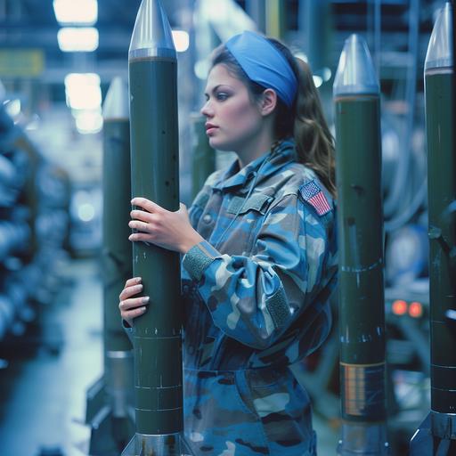 woman in blue digital camo military uniform taking inventory of missiles --v 6.0