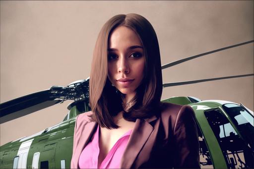 woman in full growth in a business suit. a pink helicopter in the background --ar 3:2 --v 4