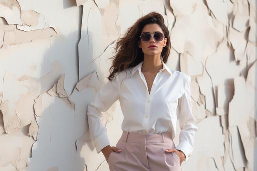 woman in modern look leaning against white wall, pose stock photo, in the style of deconstructed tailoring, light pink and dark beige, uhd image, unique and one-of-a-kind pieces, light pink and black, iconic, streetwise style --ar 3:2