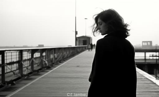 , woman in profile, on the pier at Orly Airport, b&w photograph, film grain::1000 in the style of cinestill 50d, Bergman, 1964, criterion collection --ar 295:179 --v 5.1