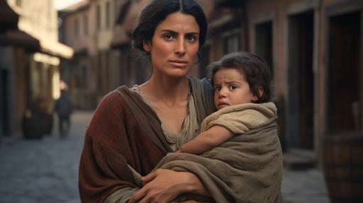 woman in small italian village 1700 poor tired worried holds a child cinematic realistic --ar 16:9
