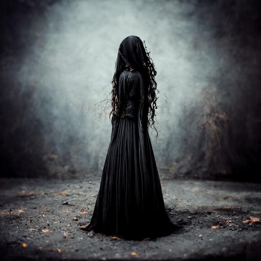 woman kneels on the darkness ground and cries in black rip up dress with black long hair, photo, photorealistick, full frame, whole character