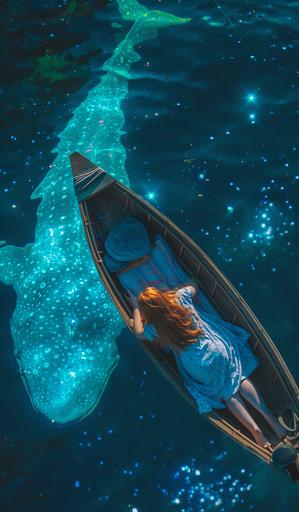 woman laid in a thai boat in the middle of the ocean, it is night and the water is illuminated by a neon whale and bioluminescent plankton. the woman has ginger hair and is wearing a blue serong, the stars reflect off the ocean. shot from a distance above. hyperrealistic in 8k --ar 10:17 --v 6.0