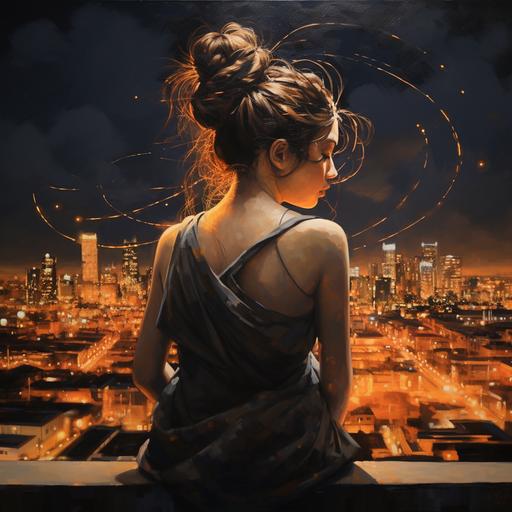 woman made of industrial concrete, kintsugi, hair up in a bun, glowing, inner peace, city lights