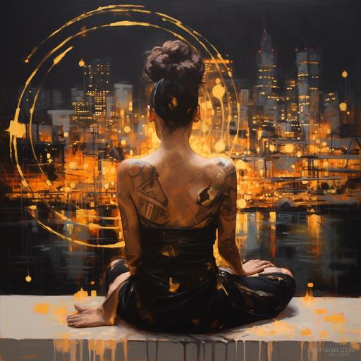 woman made of industrial concrete, kintsugi, hair up in a bun, glowing, inner peace, city lights