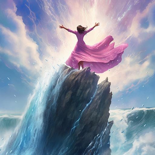 A woman on a tall cliff, with pink and blue superhero outfit, one hand rise up, safely above a giant tidal wave below as it crashes into the cliffside and rocks