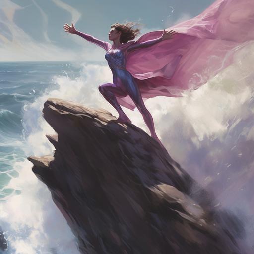 A woman on a tall cliff, with pink and blue superhero outfit, one hand rise up, safely above a giant tidal wave below as it crashes into the cliffside and rocks
