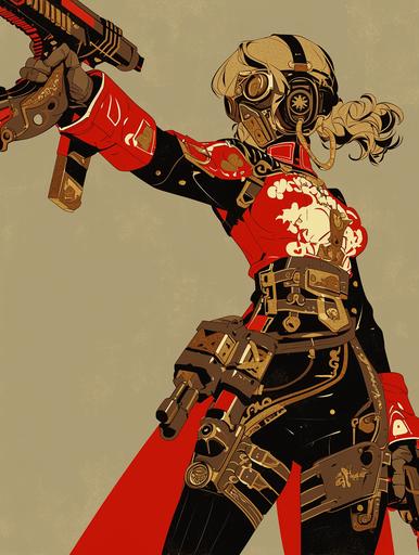 woman poses wearing a red and gold mega yeti punk outfit and 2 guns, in the style of daydreampunk, yetipunk, yeticore, cryptidcore, dark academia, dark beige and black, aurorapunk, majismo, zuckerpunk. art by mierAI --ar 3:4 --style raw --stylize 250 --niji 6