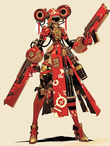 woman poses wearing a red and gold mega yeti punk outfit and 2 guns, in the style of daydreampunk, yetipunk, yeticore, cryptidcore, dark academia, dark beige and black, aurorapunk, majismo, zuckerpunk. art by mierAI --ar 3:4 --style raw --stylize 250 --niji 6