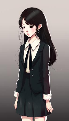 Korean woman resembling IU, cute image, Wearing a suit, sad expression, webtoon style, Glamor Shot Full Body Image. --ar 9:16