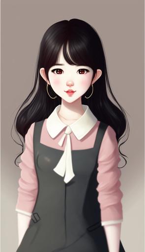 Korean woman resembling IU, cute image, Wearing a suit, smiling face, webtoon style, Glamor Shot Full Body Image. --ar 9:16