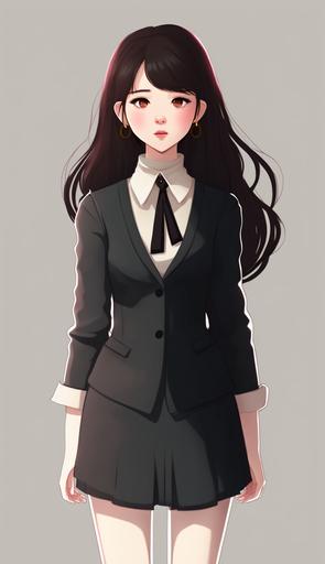 , Korean woman resembling IU, cute image, Wearing a suit, surprised expression, webtoon style, Glamor Shot Full Body Image. --ar 9:16