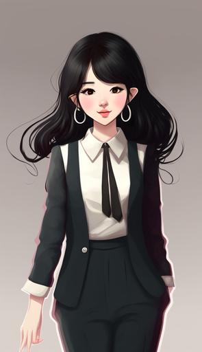 , Korean woman resembling IU, cute image, Wearing a suit, with a big smile, webtoon style, Glamor Shot Full Body Image. --ar 9:16