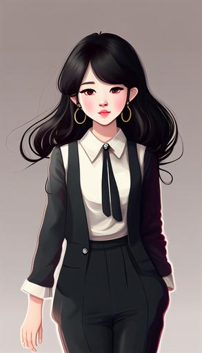 , Korean woman resembling IU, cute image, Wearing a suit, with a big smile, webtoon style, Glamor Shot Full Body Image. --ar 9:16