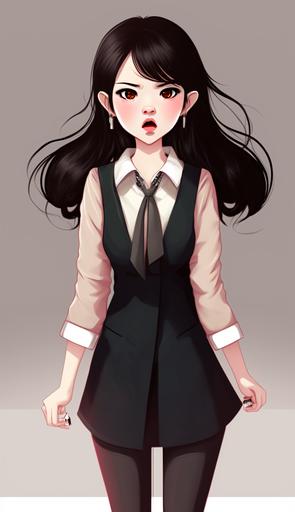 Korean woman resembling IU, cute image,Wearing a suit, angry expression, webtoon style, Glamor Shot Full Body Image. --ar 9:16