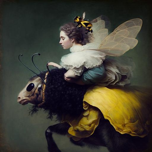 woman riding bumble bee, close up, romantic style