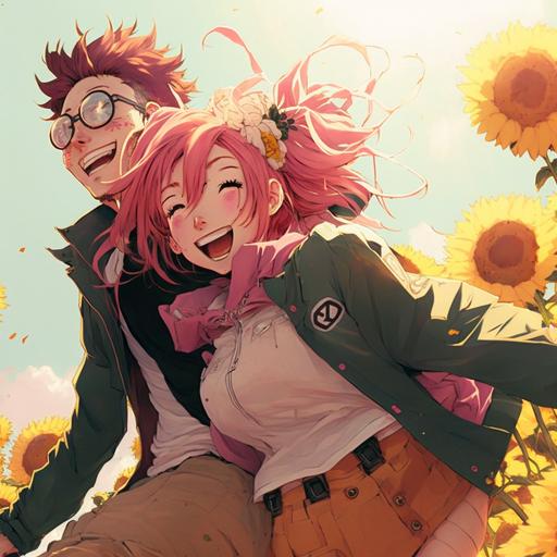 woman riding on man's back, woman has pink hair, man has brown hair, sunflower field, sun rays, happiness, very detailed, light clothing, couple are laughing