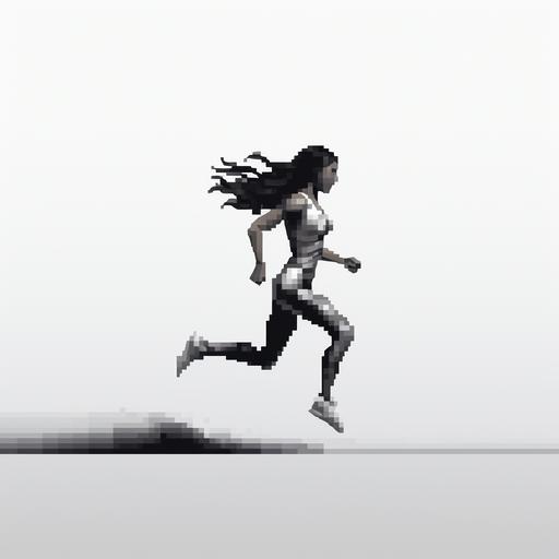 woman running, pixelated, basic pixel art, 1D, sideways, black and white