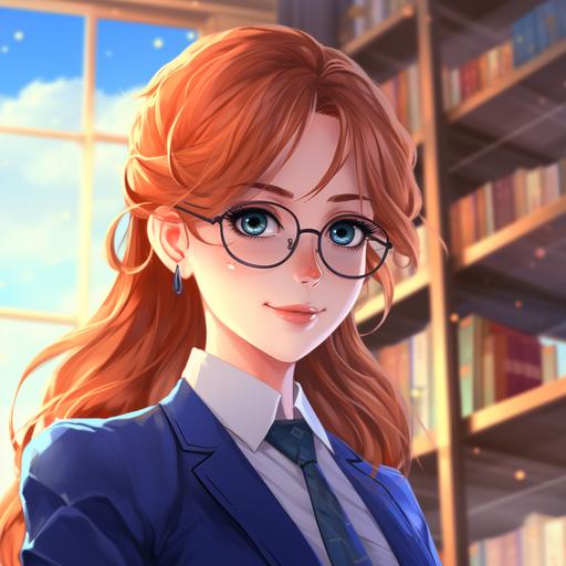 woman, secretary, suit, red hair, ponytail, cheerful, blue eyes, wearing glasses, anime