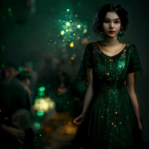 woman siluet in party at the night, black powder ambient ,dark green glitter dress, 8k, photorealistic,hyper detailed, cinemathic