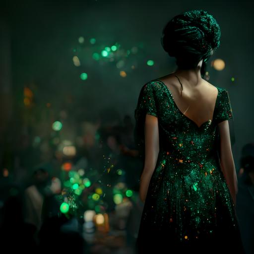 woman siluet in party at the night, black powder ambient ,dark green glitter dress, 8k, photorealistic,hyper detailed, cinemathic