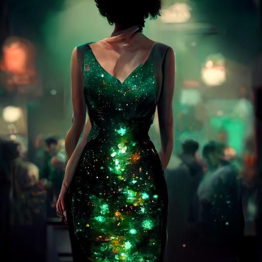 woman siluet in party at the night, dark green glitter ,dark green glitter dress, 8k, photorealistic,hyper detailed, cinemathic