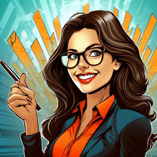 woman superhero in comics style, business style dress, glasses with thing black frames, smiling, symphatic, holding the graph arrow pointing up which should symblise the business grow