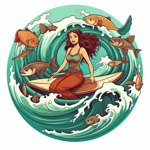 woman surfing, there are fish around her and the fish are also on surfboards, cartoon style logo style for shirt