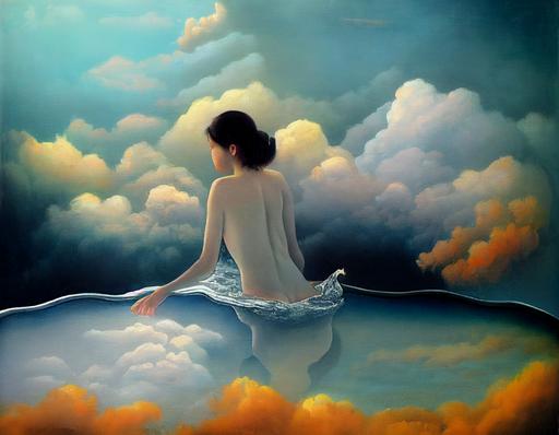 woman taking relaxing bath in clouds staring into distance, surreal painting, muted colorful, landscape of clouds --ar 20:16 --test --creative