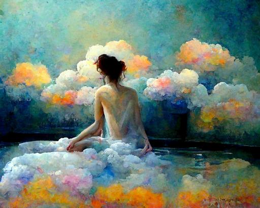 woman taking relaxing bath in clouds staring into distance, surreal painting, muted colorful, landscape of clouds --ar 20:16