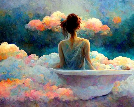 woman taking relaxing bath in clouds staring into distance, surreal painting, muted colorful, landscape of clouds --ar 20:16