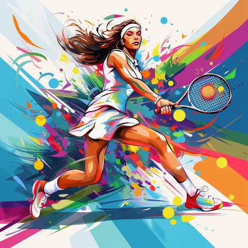woman tennis player in court in colorful cartoon theme
