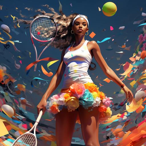 woman tennis player in court in colorful cartoon theme..make it realistic a bit