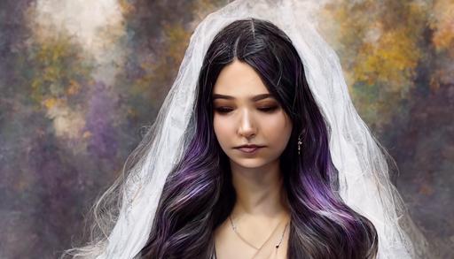 woman, very long black/purple ombre hair, wedding dress, sunlight, silver necklace, ultra-realistic, high detail, photorealistic, --ar 16:9