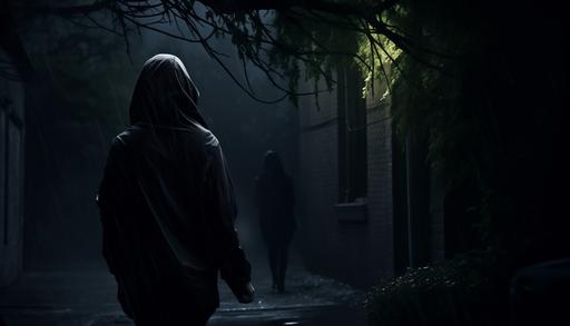 woman walking home at night in the dark while a hooded stalker waits near some bushes. photorealistic style. cinematic lighting. --aspect 7:4