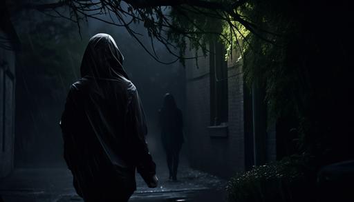 woman walking home at night in the dark while a hooded stalker waits near some bushes. photorealistic style. cinematic lighting. --aspect 7:4