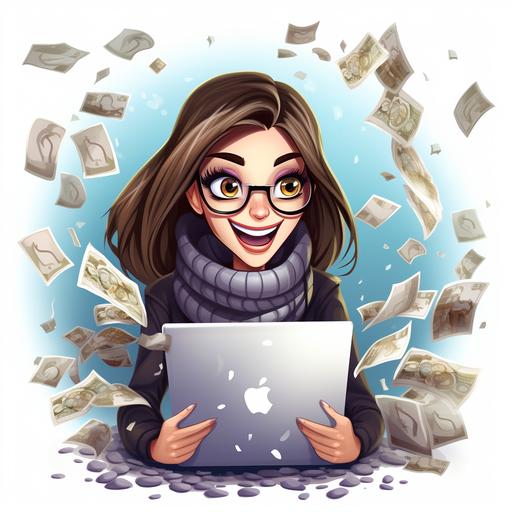 woman wearing a beautiful scarf with a computer email marketing, lots of cash all around cartoon