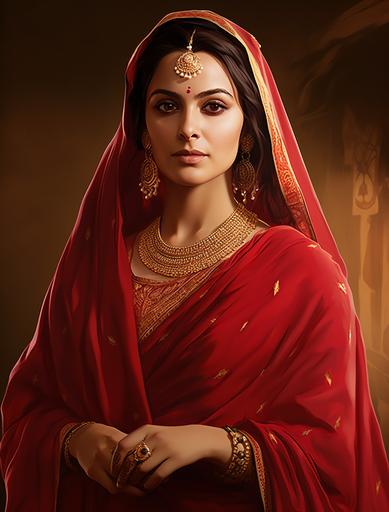 woman wearing a red salwar suit and gold ornaments, in the style of manjit bawa, historical drama, ferrania p30, marjane satrapi, wrapped, #film, celebration of rural life, illustration image --ar 97:128