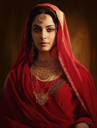 woman wearing a red salwar suit and gold ornaments, in the style of manjit bawa, historical drama, ferrania p30, marjane satrapi, wrapped, #film, celebration of rural life, illustration image --ar 97:128