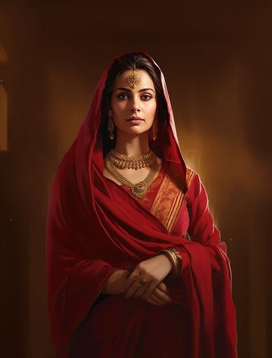 woman wearing a red salwar suit and gold ornaments, in the style of manjit bawa, historical drama, ferrania p30, marjane satrapi, wrapped, #film, celebration of rural life, illustration image --ar 97:128