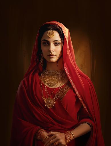 woman wearing a red salwar suit and gold ornaments, in the style of manjit bawa, historical drama, ferrania p30, marjane satrapi, wrapped, #film, celebration of rural life, illustration image --ar 97:128