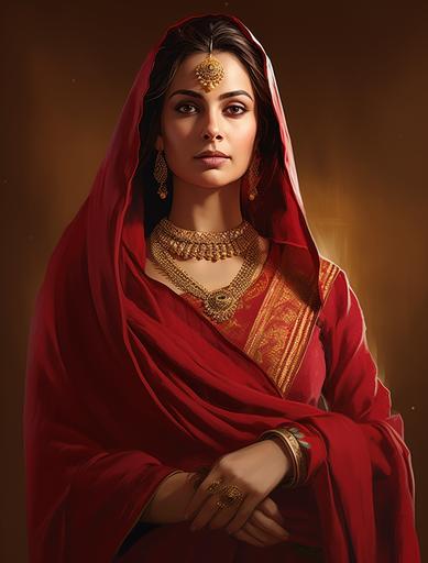 woman wearing a red salwar suit and gold ornaments, in the style of manjit bawa, historical drama, ferrania p30, marjane satrapi, wrapped, #film, celebration of rural life, illustration image --ar 97:128