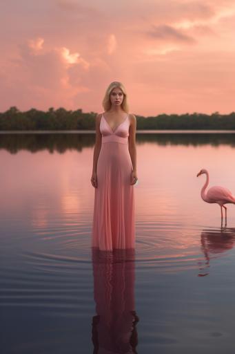 woman wearing an elegant flamingo gown as she stands in a beautiful lake in the Bahamas, sunset, barefoot, cinestill 800T --ar 2:3 --v 5.1