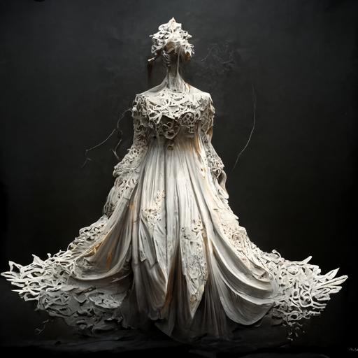 woman wearing flowing baroque white dress made out of paper with intricate lacework, beautiful gown, intricate detail, studio lighting, ultra realistic, dark background, there are paper cutout clouds all around, moody --stylize 3500