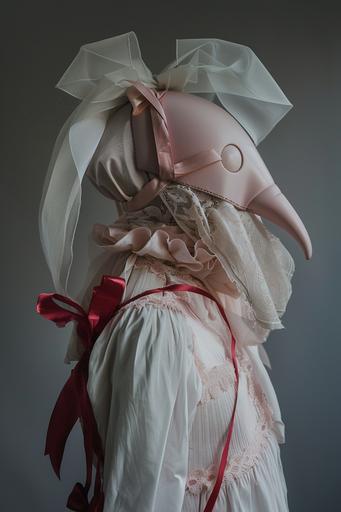 woman wearing weird pale pink Plague doctor costume with pale pink aquiline nose mask and big red ribbon on her head , surreal style, exquisite craftmanship, intricate details, editorial photo, photo realistic, soft tones, in the style of retro-futuristic, soft pastel scheme, wimmelbilder, elaborate costumes --ar 2:3 --s 50 --v 6.0